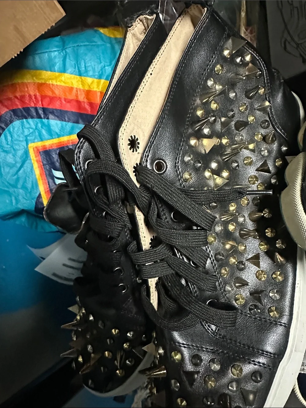 Christian Louboutin Black Leather Spike-Stud High-Top Sneakers